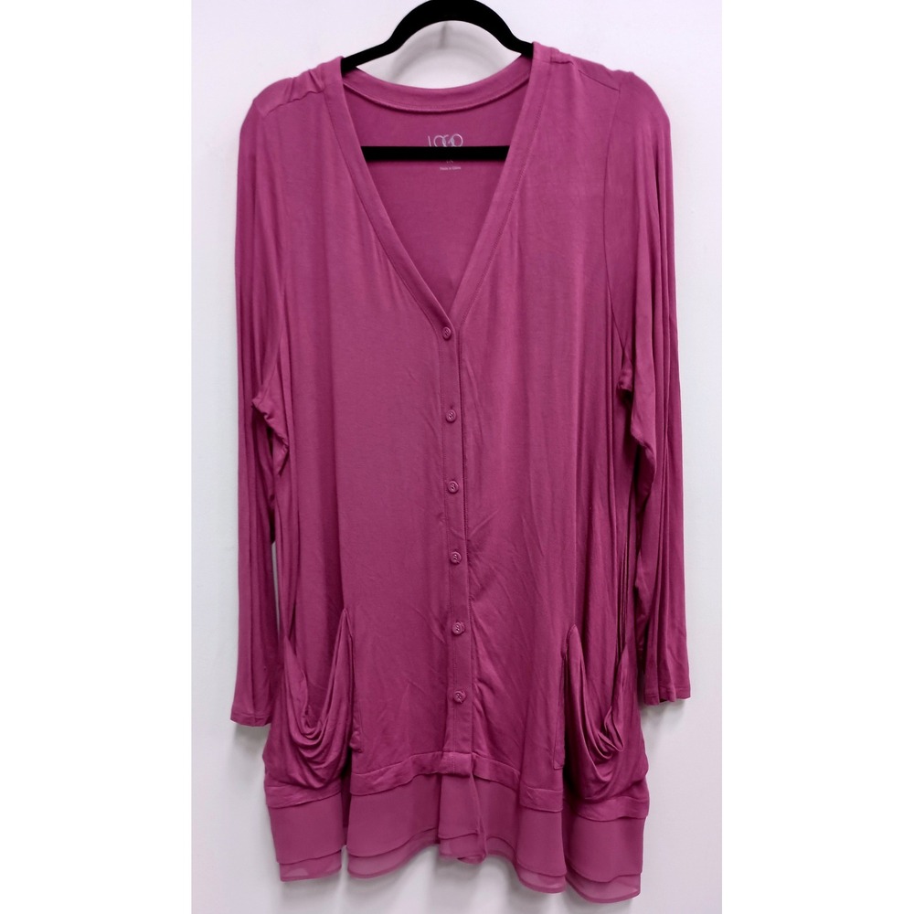 LOGO Lori Goldstein Cardigan Womens 1X Purple Layered Ruffle Hem Long Sleeve